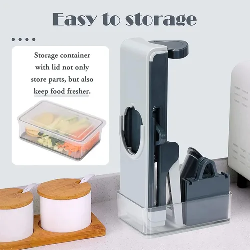 Vista 4 de Cortador de mandolina seguro para cocina, picador de verduras 4 en 1, tiras ajustables para rebanar alimentos, juliana, accesorio vertical