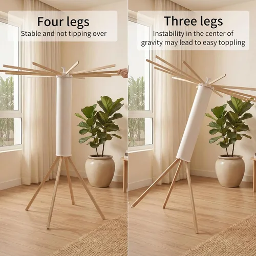 Vista 8 de LEQ Tendedero plegable para ropa interior con 4 pies de soporte, tendedero de ropa para apartamento con 12 brazos de secado de madera