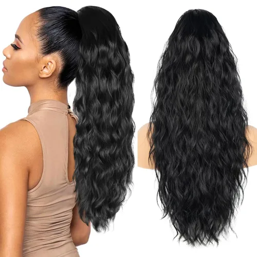 Vista 11 de Extension de cola de caballo con cordón de 26 pulgadas para mujer, extensiones de cola de caballo largas y onduladas, extensiones de cabello