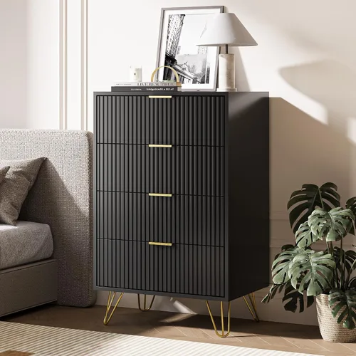 Vista 8 de MAISONARIA Cómoda negra para dormitorio, cómoda de 4 cajones con tiradores de metal dorado y cómodas, cómodas para pasillo, dormitorio