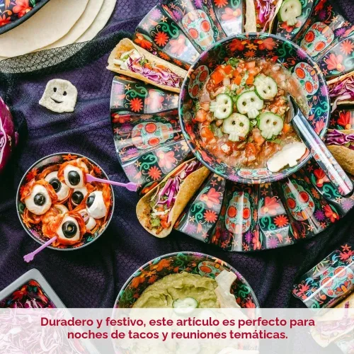 Vista 5 de Prepara Carrusel de tacos del Día de los Muertos, color negro - Soporte duradero para tacos de melamina con capacidad para 10 tacos para diversión