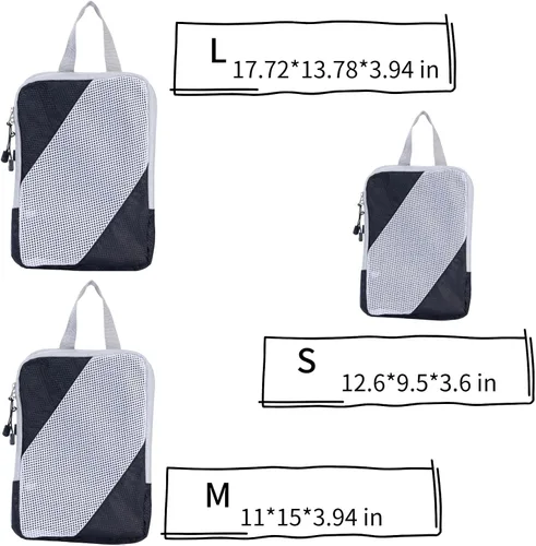 Vista 2 de Abelloly 6 juegos de cubos de viaje de compresión de nailon beige, bolsas organizadoras de viaje para equipaje (grande, mediano, pequeño), tres