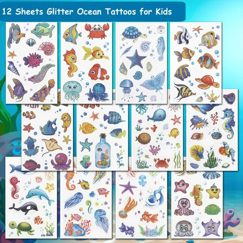 Vista 2 de CHARLENT 120 estilos de purpurina bajo el mar criatura temporal tatuajes para niños suministros de fiesta – Tatuajes de criaturas marinas para niños