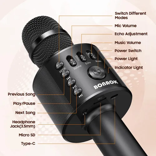 Vista 5 de BONAOK - Micrófono inalámbrico Bluetooth de karaoke, 3 en 1; máquina altavoz con micrófono de karaoke portátil de mano para fiesta de cumpleaños