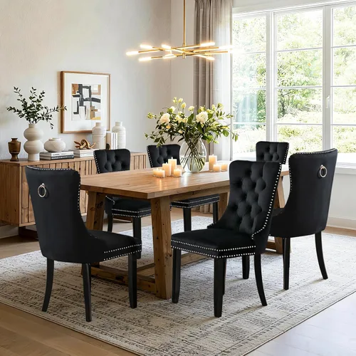 Vista 143 de SoarFlash Juego de 2 sillas de comedor de terciopelo, silla lateral de respaldo alto, silla lateral moderna tapizada de alta gama con botones Beige