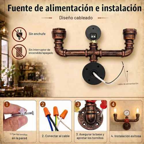Vista 5 de MQ Lámpara de pared de tubería de agua, accesorios Steampunk, 2 luces, montaje en pared, enchufe E26, lámpara de pared rústica vintage para baño