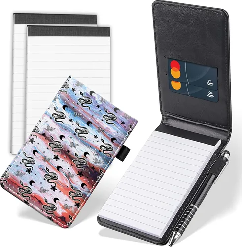 Vista 9 de Juego de 4 mini bloc de notas de bolsillo, diseño de corazón de dinosaurio, funda de piel sintética, soporte para notas con 2 ranuras para tarjetas