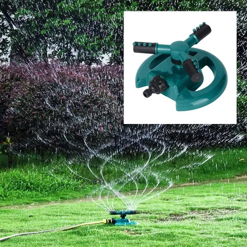 Vista 6 de Aspersor de césped, tres brazos giratorios de 360 grados, ajustable, rociador de agua para jardín, herramienta de riego de césped (verde)