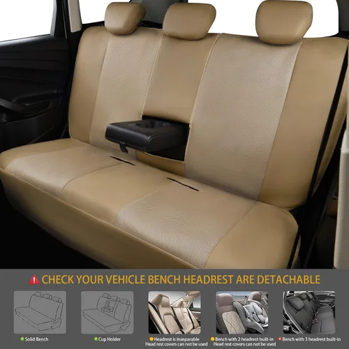 Vista 6 de Flying Banner Juego completo de fundas de asiento de coche, asiento delantero y trasero, malla de aire de piel sintética, transpirable, beige