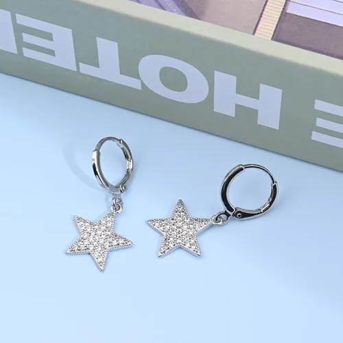 Vista 5 de Aretes colgantes de aro con diamantes de imitación de estrella de plata de ley 925/oro para mujeres
