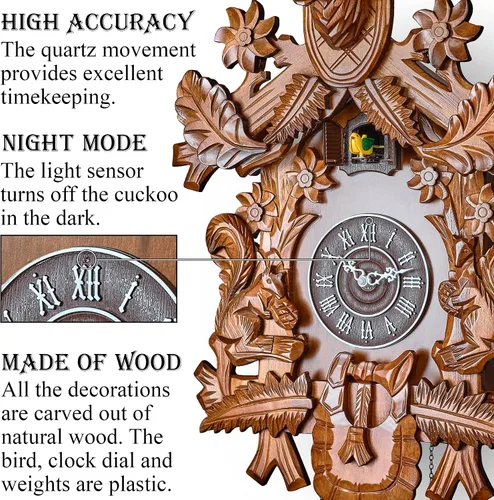 Vista 2 de Reloj de cuco con modo nocturno automático, cabeza de ciervo tallada a mano y decoraciones de madera (marrón)