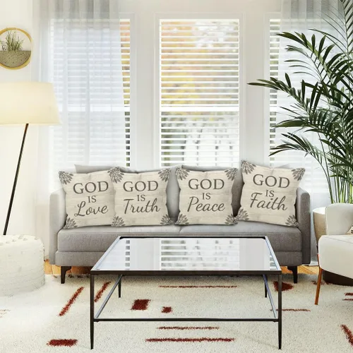 Vista 2 de Juego de 4 fundas de almohada de lino con citas cristianas de granja, Dios es amor, verdad, paz y fe, tablero de madera rústica, 18 x 18 pulgadas