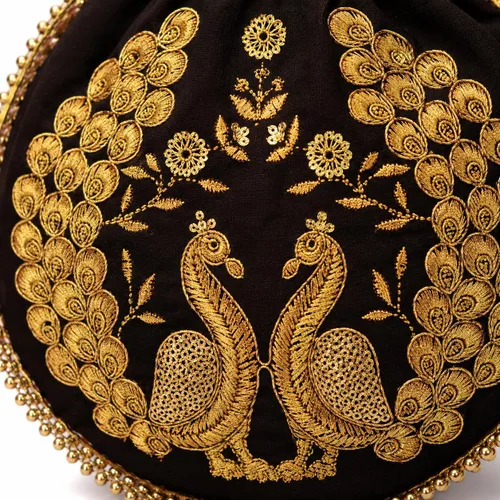 Vista 5 de Bolsa de terciopelo bordada para mujer, bolsa con cordón, regalo de boda dorado para mujer Negro