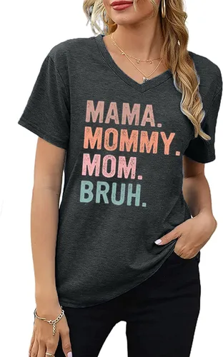Vista 3 de Camiseta de manga corta con cuello en V para mujer, camiseta divertida para mamá