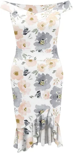 Vista 3 de iQKA Vestido de cóctel sexy para mujer, con dobladillo con volantes, estampado floral, cuello en V, sin mangas, vestido de tubo