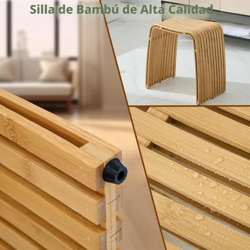Vista 7 de Taburete de bambú para baño y comedor, banco de bambú, duradero y hermoso diseñado para baño, comedor, sala de estar y dormitorio