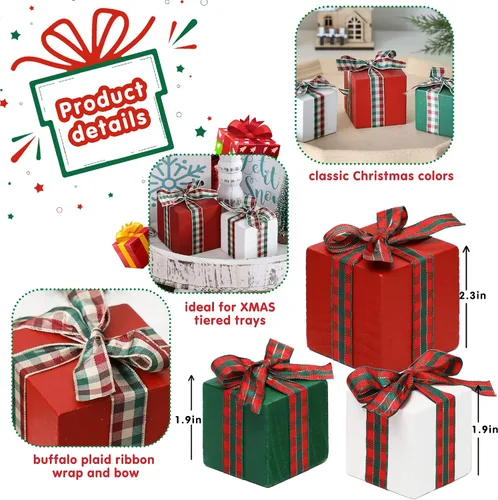 Vista 3 de Juego de 3 bandejas escalonadas de Navidad para decoración de mesa pequeña de madera (cuadros de búfalo 1)