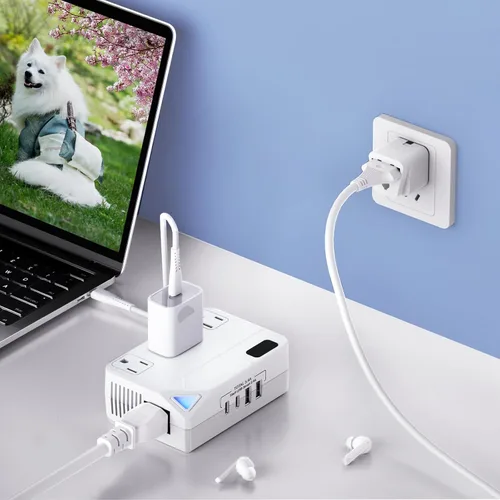 Vista 2 de Enchufe de conversión de 250 W, convertidor de viaje internacional con 2 puertos USB y 2 puertos USB-C, reducción de 220 V a 110 V para áreas de 100