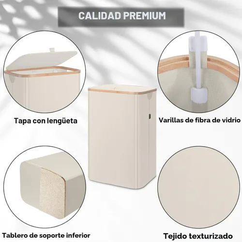 Vista 2 de BALEINE Cesta de lavandería con tapa, cestas de lavandería altas con tiradores de bambú, gran cubo de lavandería con soporte interno