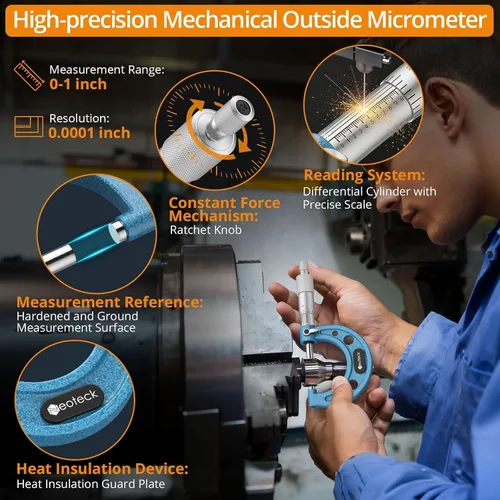Vista 2 de Neoteck Micrómetro exterior de 0-1 pulgada con resolución de 0.0001 pulgadas, yunques con punta de carburo, micrómetro mecánico de precisión