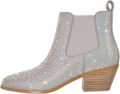 Vista 4 de VERISSON Point Toe Western Botas Chelsea Silver Glitter Rhinestone Block Tacón Vaquero Botín 6CM