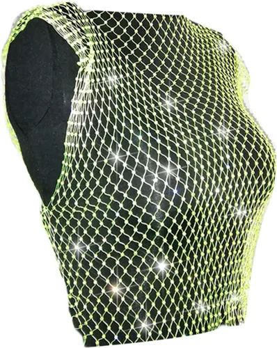 Vista 3 de Mxiqqpltky Camiseta sin mangas sexy para mujer, malla con diamantes de imitación, malla hueca, transparente, playa, festival, club, rave, ropa