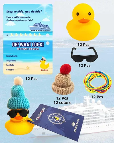 Vista 3 de El juego de etiquetas de pato de crucero incluye 12 patos de goma de crucero con sombrero de gafas de sol para cruceros, 12 tarjetas de etiqueta