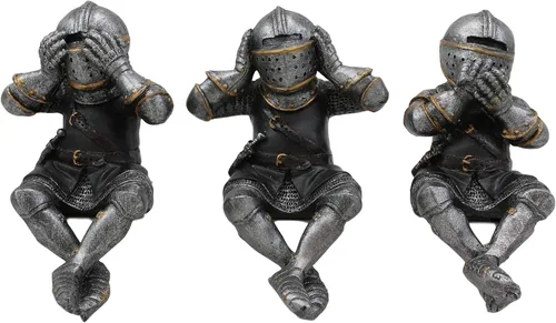 Vista 2 de Ebros Gift Juego de 3 caballeros reales renacentistas medievales con repisa de túnica negra o estante, 4 pulgadas de alto, traje de armadura