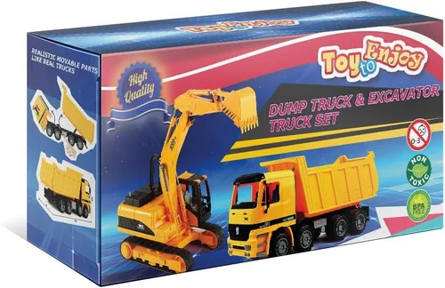 Vista 9 de Toy To Enjoy Juguetes de construcción – Excavadora y camión volquete de juguete para niños (juego de 2) – Garra movible y elevación trasera – Camión