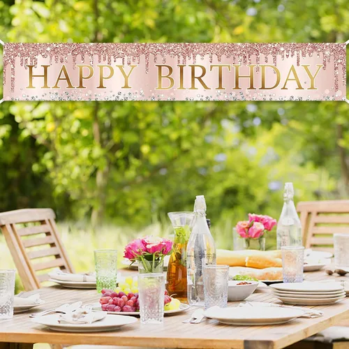 Vista 4 de Cartel de feliz cumpleaños de oro rosa rosa, gran cartel de feliz cumpleaños para patio, suministros de fiesta para mujeres, decoración