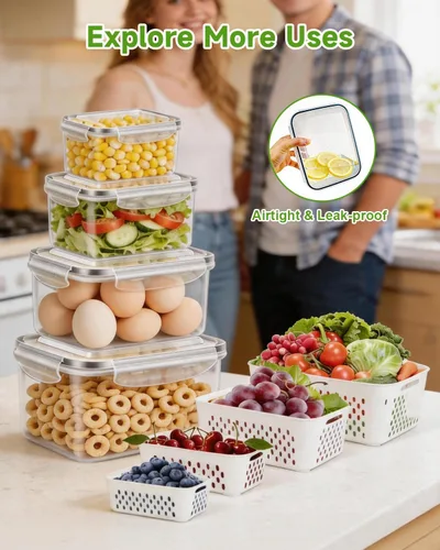 Vista 5 de TBMAXS Paquete de 4 recipientes de almacenamiento de alimentos para refrigerador con colador, herméticos, sin BPA, contenedor de plástico