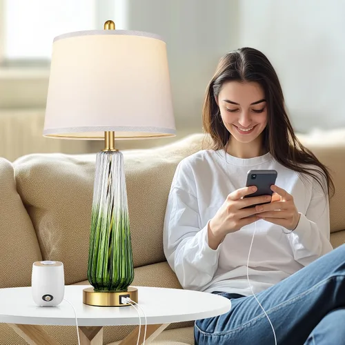 Vista 5 de Lámparas de mesa de vidrio para sala de estar, lámparas de noche modernas con puertos USB A+C, lámpara de mesita de noche de control táctil
