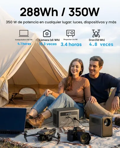 Vista 2 de Estación de energía portátil 2026 de 700 W, batería de reserva LiFePO4 de 288 Wh, banco de energía con salida de CA 350 W/110 V, generador solar