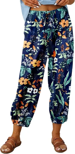 Vista 18 de Pantalones capri de cintura alta con cordón y botón de algodón suelto casual con bolsillos para mujer
