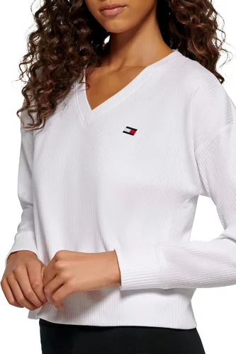 Vista 4 de Tommy Hilfiger Suéter de manga larga con cuello en V y bordado de tela acanalada para mujer