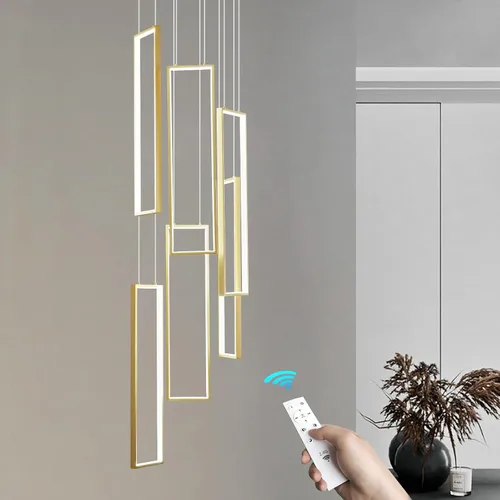 Vista 17 de Accesorio de Lámpara Colgante Moderna para Cocina Dorada 18W LED Lámpara Colgante 2 Anillos Candelabro Rectangular Iluminación Colgante para Isla