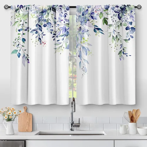 Vista 28 de Aimego Cortinas de Cocina de Eucalipto Primaveral - Hojas de Plantas de Acuarela Floral Azul con Cortinas de Nivel Botánico Floral para Cafetería