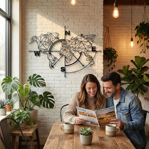 Vista 3 de DEKADRON Decoración de letrero metálico metálico con brújula con mapa del mundo (39 x 28 pulgadas)