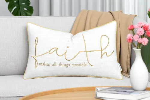Vista 2 de Rudransha - Funda de almohada lumbar bordada con versículo bíblico de la fe de 12 x 20 pulgadas, regalo cristiano de algodón marfil, decoración