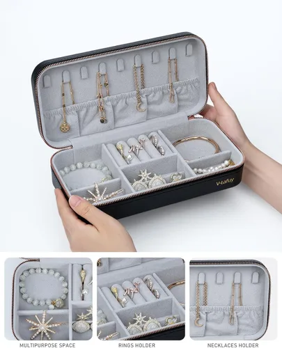 Vista 4 de Organizador de joyas de viaje, joyero portátil para mujer, organizador de viaje para anillos, aretes, collares, pulseras, relojes, negro, C