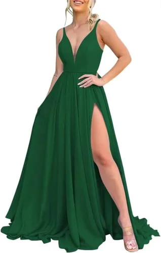 Vista 35 de Vestidos largos de dama de honor para mujer, con abertura, cuello en V, vestido de fiesta formal para boda