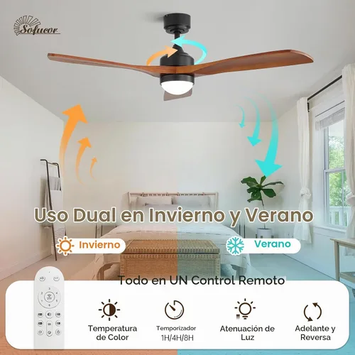 Vista 7 de Sofucor Ventilador de techo de madera maciza de 52 pulgadas, ventilador de techo de montaje empotrado y varilla descendente con luces y control