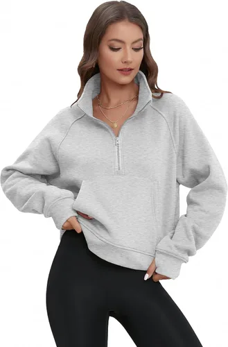 Vista 4 de ATHMILE Sudaderas para mujer, sudaderas cortas con capucha y media cremallera, forro polar, suéter con cremallera de un cuarto, suéter de moda
