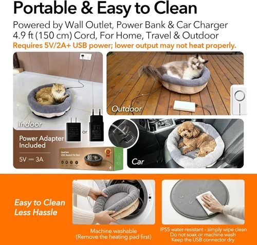 Vista 5 de 5V Heated Pet Bed with Adapter, Dual-Sensor Safety, Cat & Dog, 20