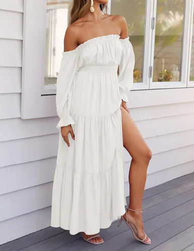 Vista 8 de ZESICA - Vestido largo, bohemio y sexy, con hombros descubiertos y manga larga fruncida, con elástico fruncido, cintura alta y abertura lateral