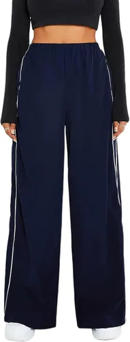 Vista 3 de KMBANGI Pantalones de paracaídas para mujer, holgados Y2k, pantalones deportivos con cintura elástica, rayas laterales, pantalones deportivos