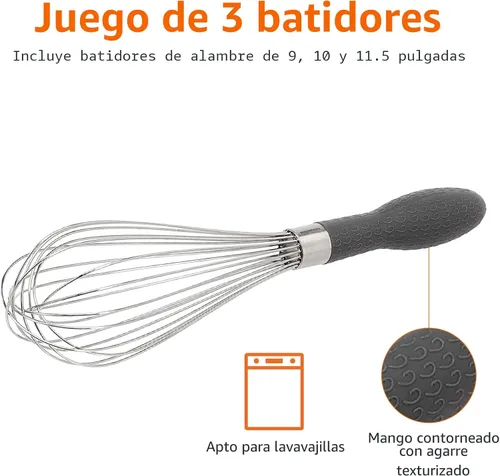 Vista 5 de Amazon Basics Juego de batidores de alambre de acero inoxidable para cocinar, diferentes tamaños, mango ergonómico fácil de sostener, 3 piezas
