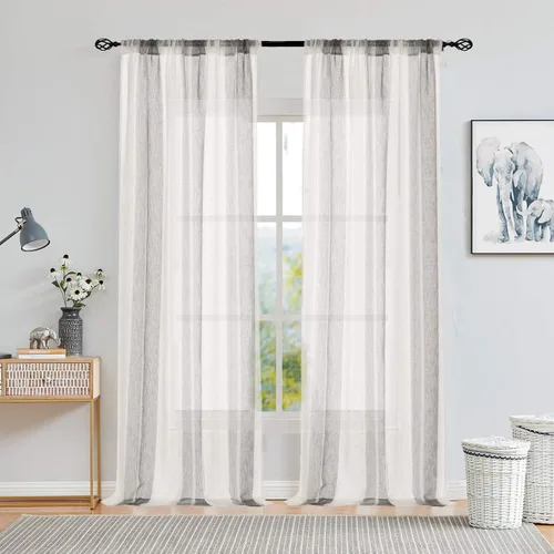 Vista 26 de Central Park Cortinas Transparentes de Rayas Beige y Blancas Estilo Granja de Lino Bouclé, Pares de Paneles de Cortina de Ventana Tejidos con Hilo