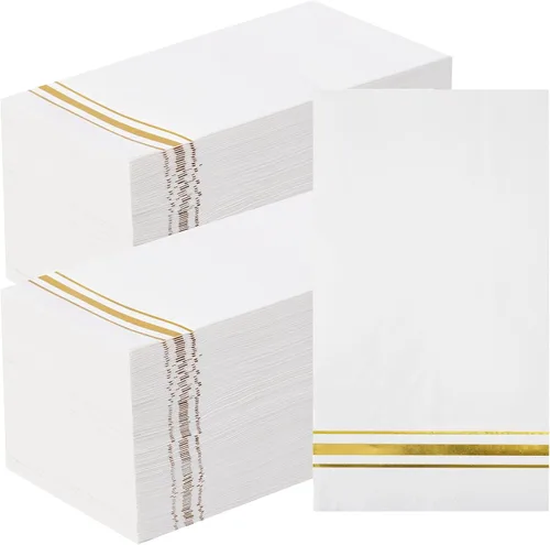 Vista 8 de 200 Servilletas de Papel con Ribete Dorado Negras Elegantes Servilletas de Cena, Servilletas de Invitados de 3 Capas con Papel Dorado Desechables