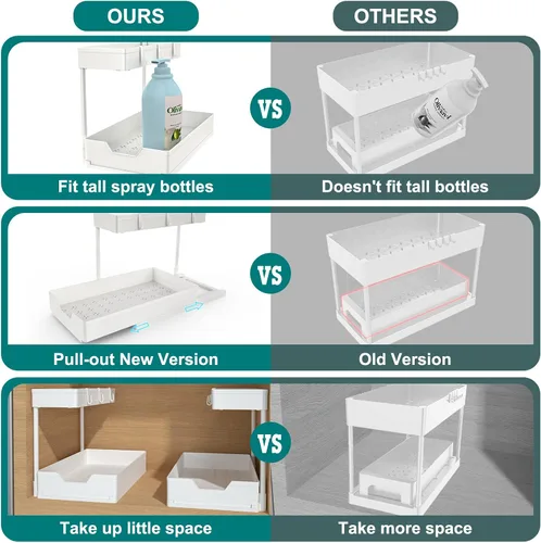 Vista 5 de IRONBOX Organizador para debajo del fregadero, paquete de 2 organizadores de baño extraíbles en forma de L, estante deslizante para almacenamiento
